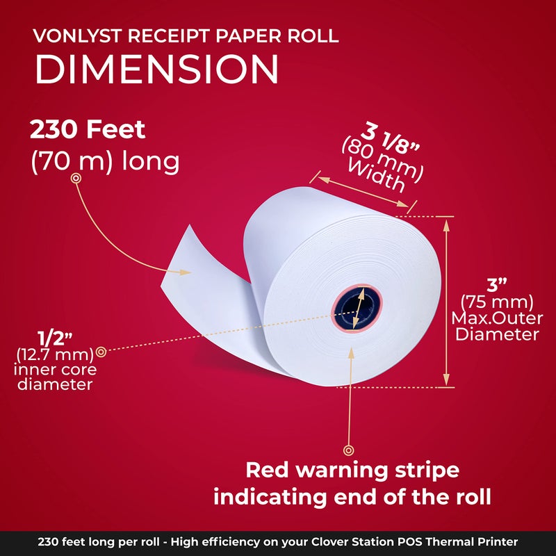 Vonlyst Thermal Receipt Paper Rolls 3 1/8" x 230' for Clover Station (06 rolls) - Image 3